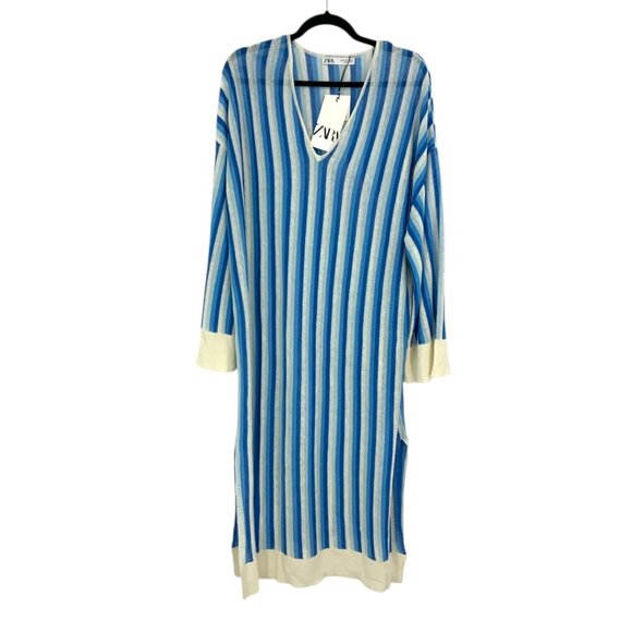 Zara Blue Striped V Neck Linen Blend Coverup Dress Size Medium NWT $90 MSRP - Picture 3 of 9